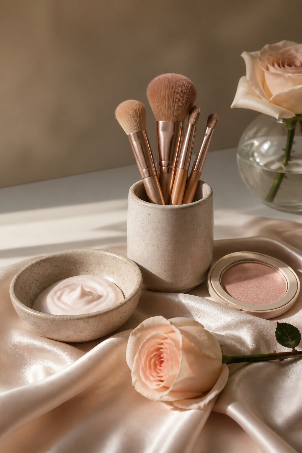 Rituel beauté et soin de la peau dans des tons ivoire et champagne
