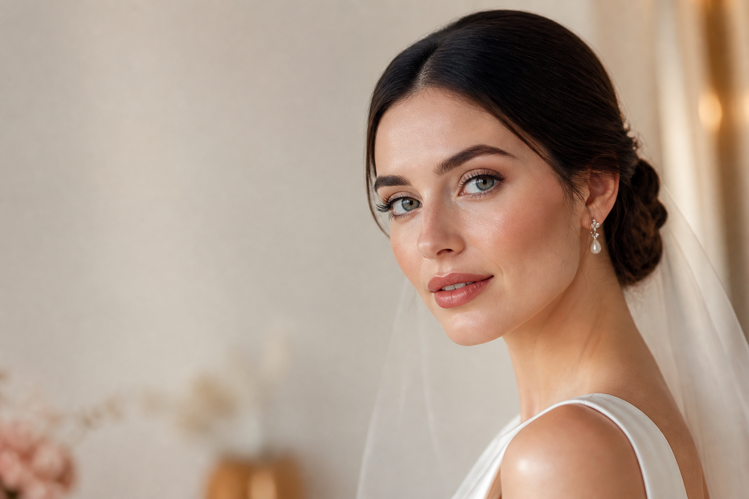Portrait d'une mariée au teint lumineux, dans une lumière douce